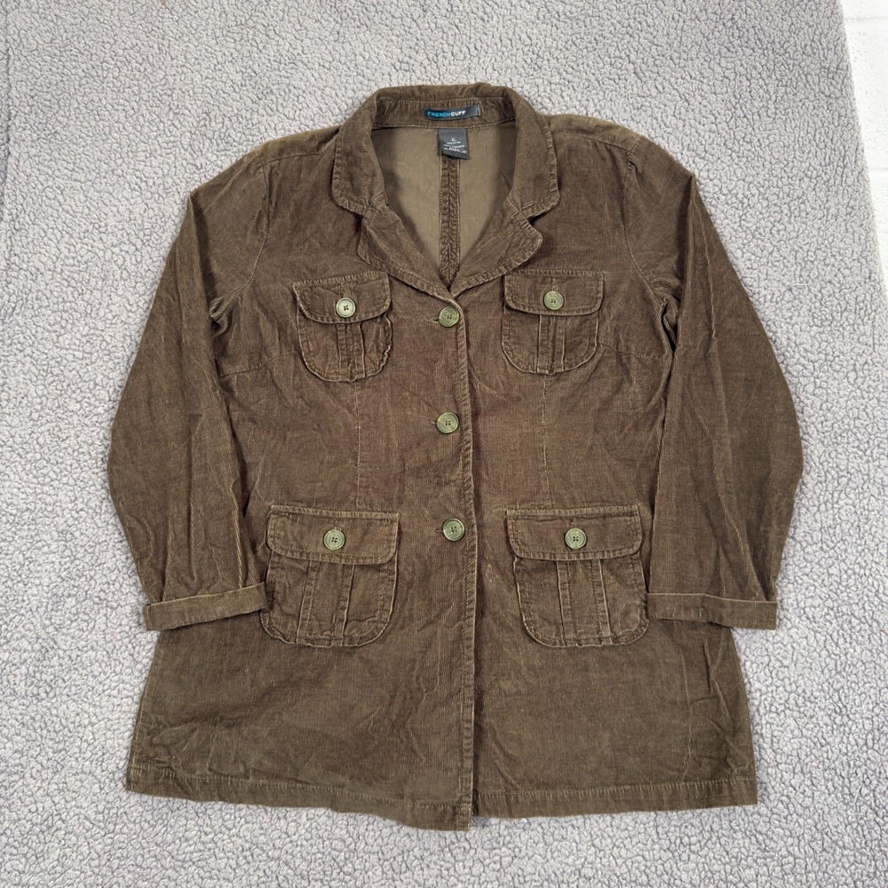Vintage French Cuff Womens XL Brown Corduroy Utility Shirt Jacket Cotton Pockets